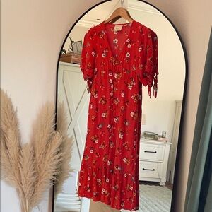 Anthropologie Floral Coral Midi-Dress